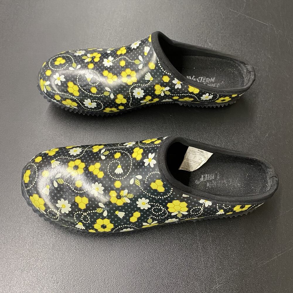 Western Chief Garden Clog Honey Bee Hive Black Yellow Flower Slip On Shoes 9